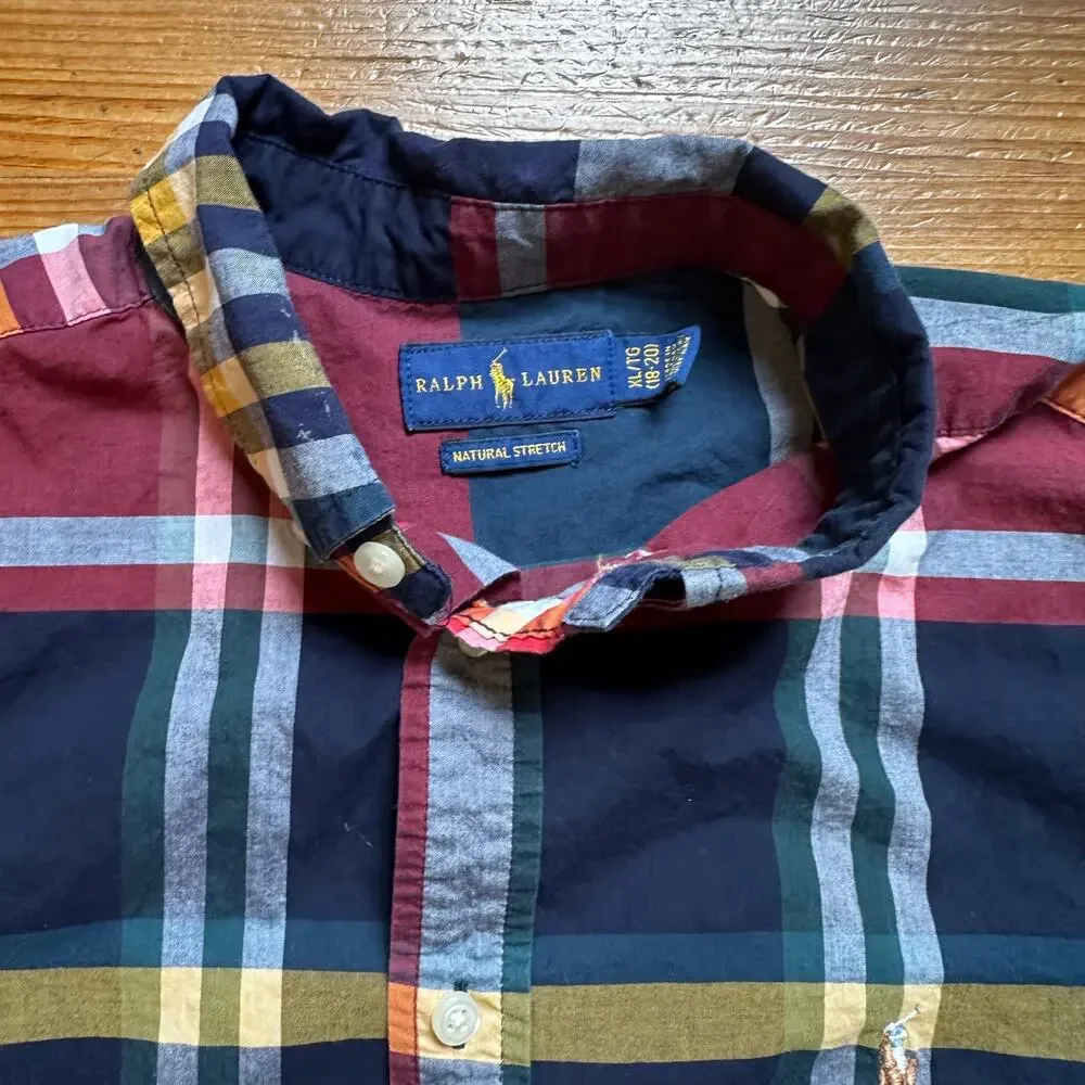 Ralph Lauren navy red yellow plaid‎ pattern long sleeve button up shirt SIZE 18